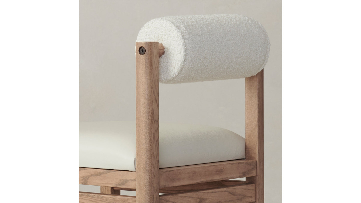 The Thayer  - Pebbled Leather Swan Seat Italian Bouclé White Bolster Bar and Counter Stool